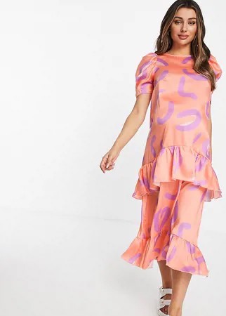 Коралловое свободное платье миди с короткими рукавами и звериным принтом Blume Studio Maternity-Оранжевый цвет