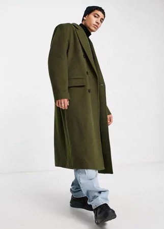 Очень свободное удлиненное oversized-пальто цвета хаки из фактурной смесовой шерсти ASOS DESIGN-Зеленый цвет