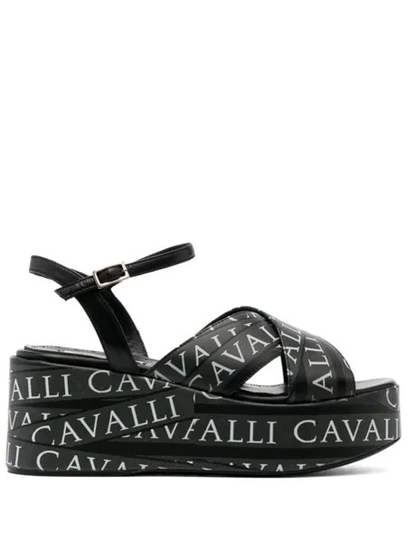 Roberto Cavalli босоножки на танкетке с логотипом, черный