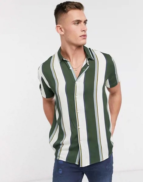 Рубашка хаки в вертикальную полоску с короткими рукавами Topman-Зеленый