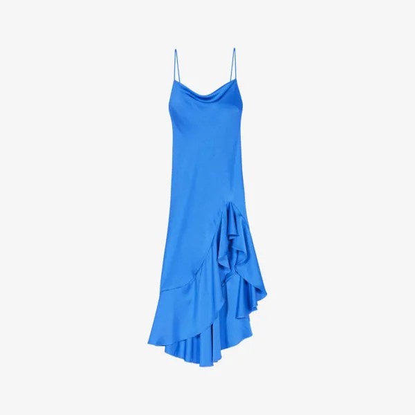 Атласное платье миди с асимметричным подолом и оборками Maje, цвет bleus