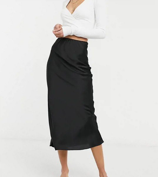 Черная юбка миди косого кроя из тонкого и гладкого атласа ASOS DESIGN Tall-Черный цвет