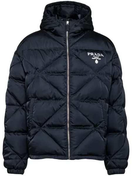 Prada пуховик с вышитым логотипом, синий