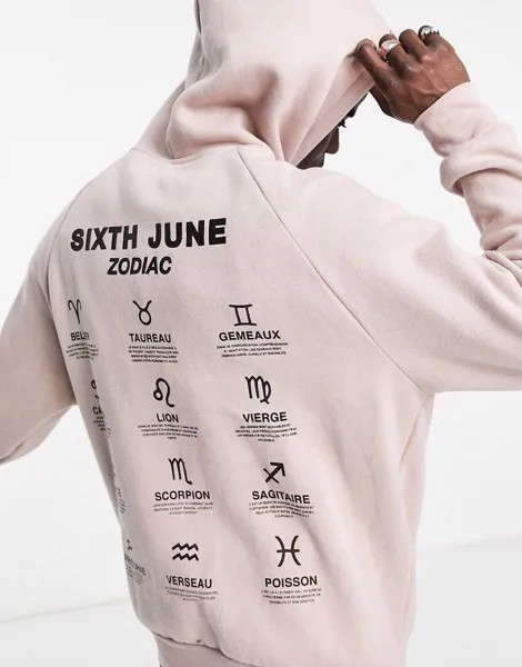 Нежно-розовый oversized-худи с зодиакальным принтом на спине Sixth June-Розовый цвет