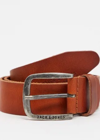 Коричневый гладкий кожаный ремень с фирменной пряжкой Jack & Jones-Коричневый цвет