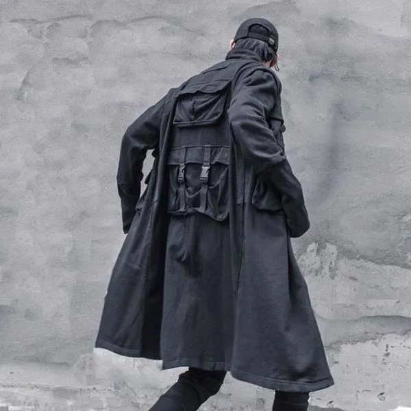 Куртка HOUZHOU Techwear, длинное пальто, кардиган, Мужская Весенняя ветровка, плащ, Черная мужская одежда, уличная одежда в стиле хип-хоп, панк, рейва