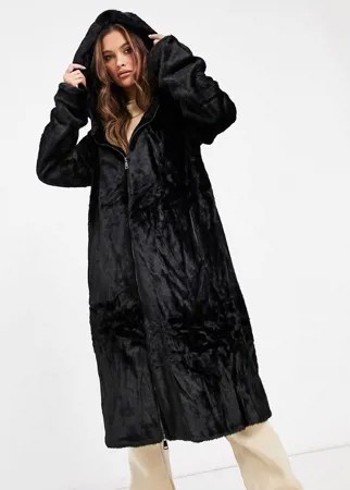 Черное длинное пальто из искусственного меха с капюшоном и кулиской Jayley-Черный