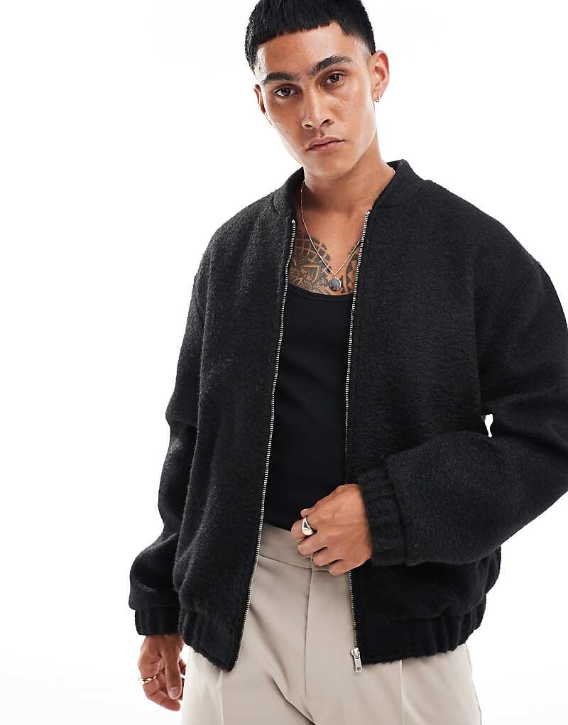 ASOS DESIGN – черный бомбер оверсайз с шерстяным эффектом