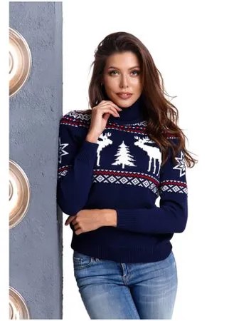 Женский свитер, классический скандинавский орнамент с Оленями и снежинками, натуральная шерсть, темно-синий цвет, бело-красный орнамент, размер M