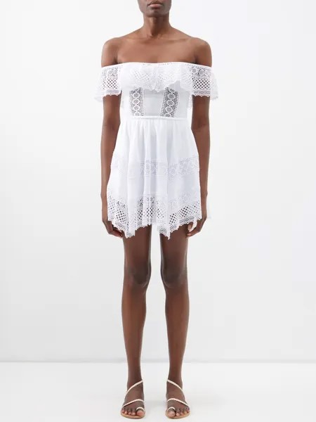 Платье мини из гипюра и кружева с открытыми плечами Charo Ruiz, белый