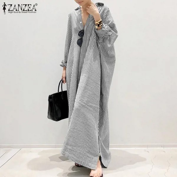 ZANZEA Корейский стиль Женщины Длинный рукав Пуговица Вниз Полоса Повседневная Макси Рубашка Платье