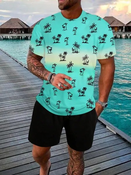 Мужская футболка Manfinity Chillmode с принтом кокосовой пальмы и однотонные шорты, многоцветный