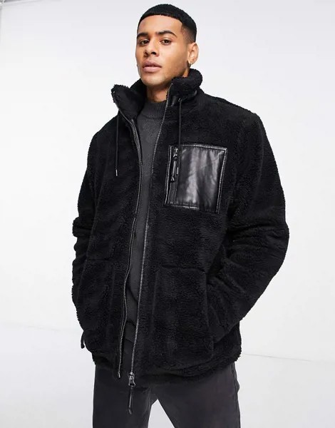 Черная куртка из искусственного меха с воротником-стойкой и без подкладки River Island-Черный цвет