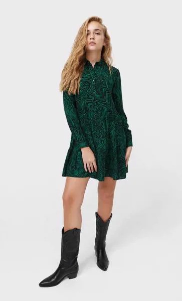 Stradivarius Короткое Платье-Рубашка Бутылочно-Зеленый S
