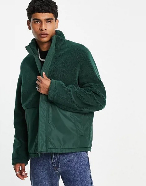 Флисовая куртка на молнии с контрастной нейлоновой вставкой ASOS DESIGN-Зеленый цвет