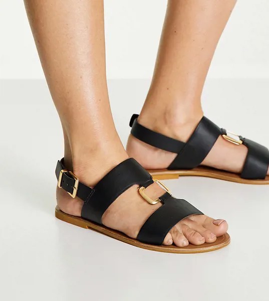 Черные кожаные сандалии с декоративным кольцом ASOS DESIGN Wide Fit Fenix-Черный цвет