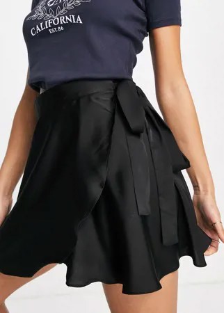 Черная атласная мини-юбка с запахом Lola May-Черный цвет