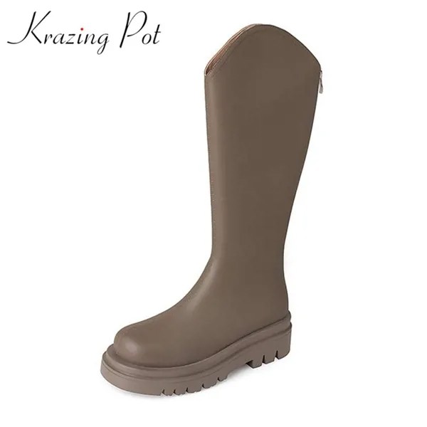 Сапоги Krazing Pot кожаные на толстом высоком каблуке, ботфорты с круглым носком, на платформе, на молнии, для верховой езды, корейский стиль, для ...