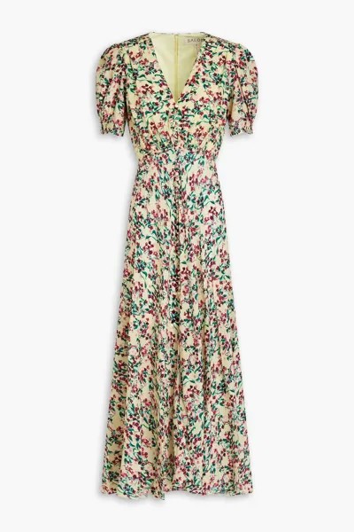 Платье миди Lea из шелкового крепдешина с цветочным принтом и сборками Saloni, шартрез