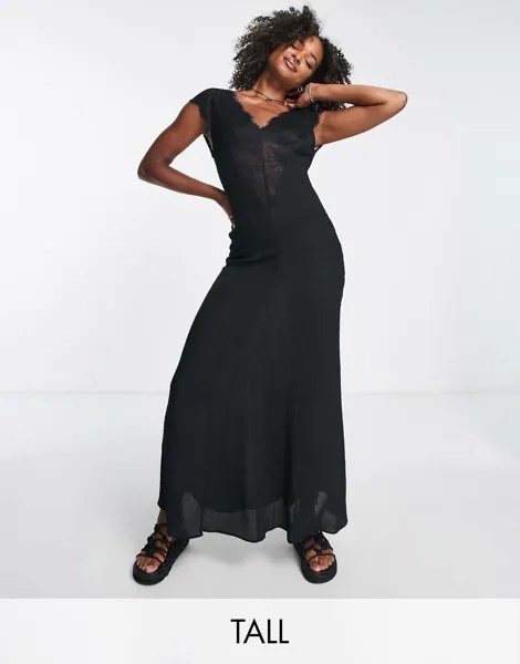 Черное платье миди с глубоким v-образным вырезом и кружевной отделкой Topshop Tall