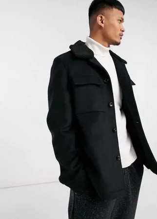 Черная полушерстяная куртка с контрастным воротником ASOS DESIGN-Черный