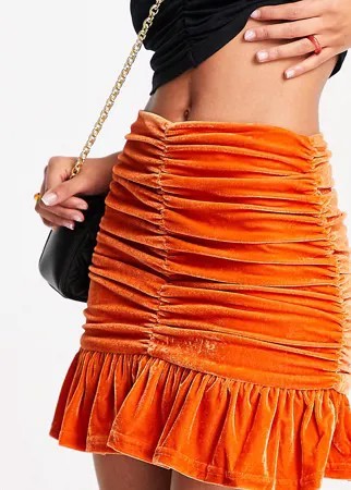Бархатная присборенная мини-юбка оранжевого цвета с оборками по краю от комплекта Collective The Label-Оранжевый цвет
