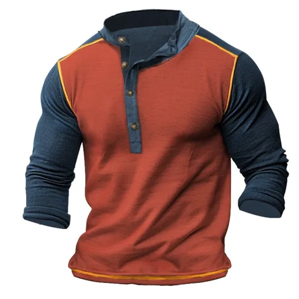 Мужская футболка Henley Vintage Tactical Colorblock С длинным рукавом На открытом воздухе Повседневные Топы Темно-синий