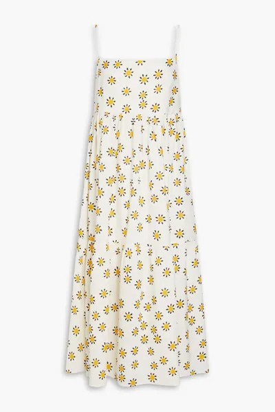 Платье миди из льна и хлопка со сборками с цветочным принтом Chinti & Parker, слоновая кость