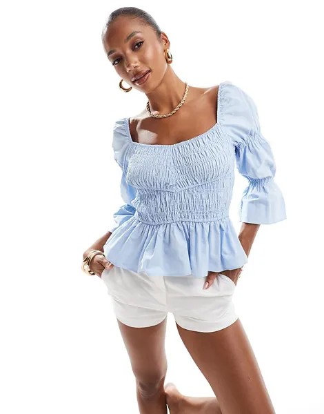 Голубой топ с длинными рукавами и сборками River Island