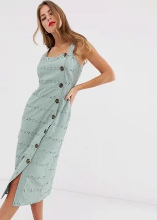 Сарафан миди на пуговицах с вышивкой ASOS DESIGN-Зеленый