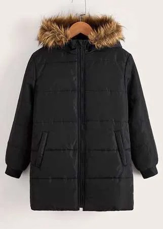 Для мальчиков Утепленная куртка с карманами из плюша с отделкой с капюшоном