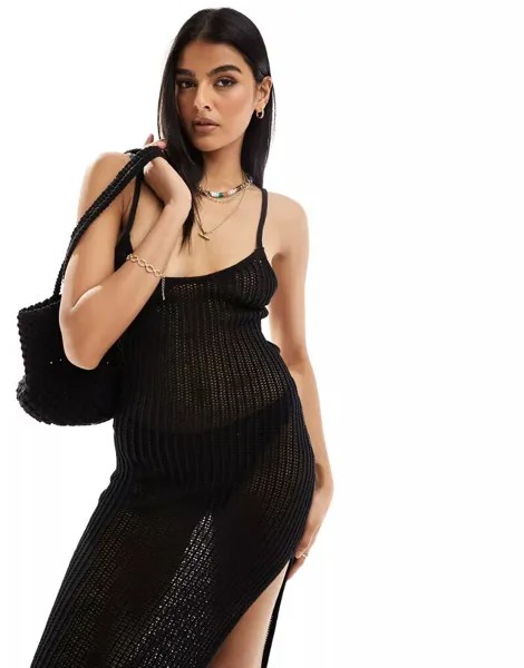 Черное пляжное платье макси крючком с завязкой на спине Miss Selfridge