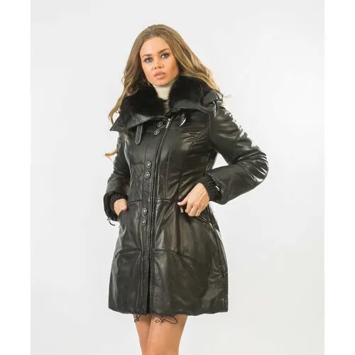Кожаная куртка  Gallotti, демисезон/зима, удлиненная, силуэт полуприлегающий, утепленная, подкладка, быстросохнущая, вязаная, отделка мехом, ветрозащитная, водонепроницаемая, влагоотводящая, манжеты, карманы, размер 46, черный