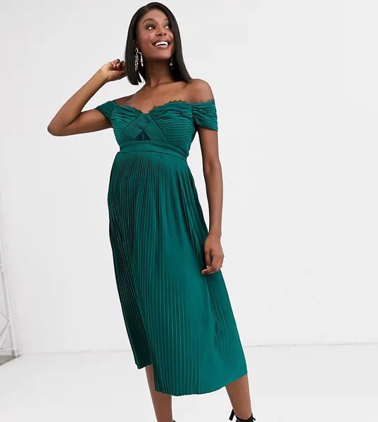 Платье миди с кружевной и плиссированной отделкой ASOS DESIGN Maternity-Зеленый цвет