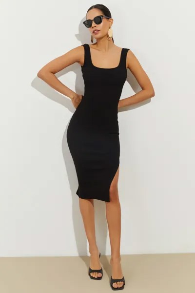 Женское черное базовое платье миди с разрезом на бретельках B2467 Cool & Sexy, черный