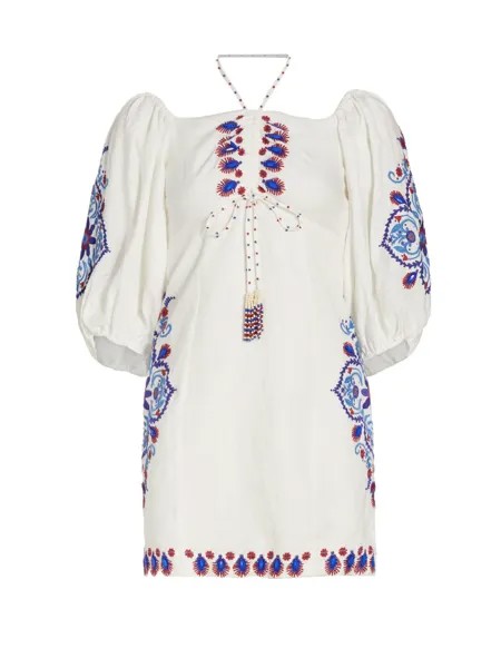 Мини-платье из смеси льна с вышивкой Farm Rio, белый