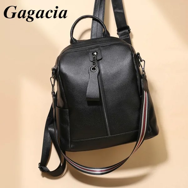 GAGACIA Модный женский рюкзак из натуральной кожи черного цвета для женщин, классический однотонный школьный портфель из воловьей кожи для дев...