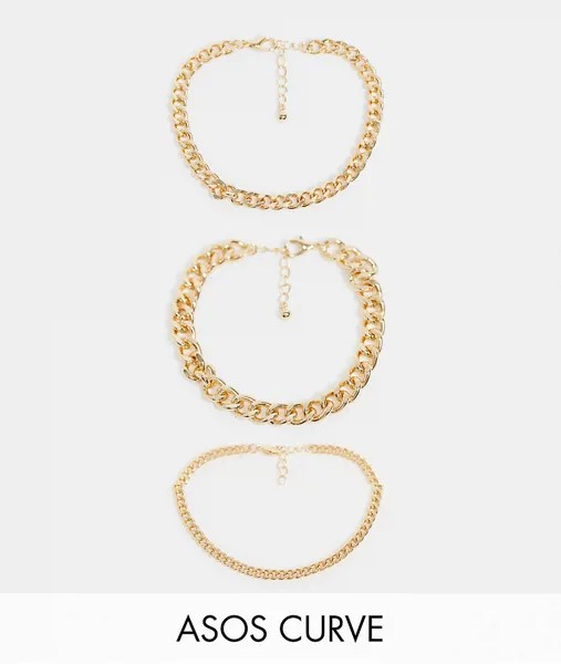 3 золотистых браслета-цепочки на ногу с крупными звеньями ASOS DESIGN Curve-Золотистый
