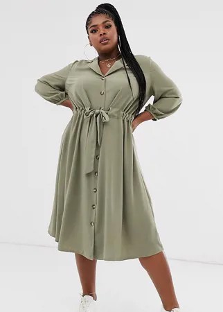 Платье-рубашка миди с пуговицами и присборенной талией ASOS DESIGN Curve-Зеленый
