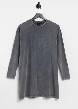 Темно-серое платье-футболка в стиле oversized с эффектом кислотной стирки и длинными рукавами ASOS DESIGN-Черный цвет