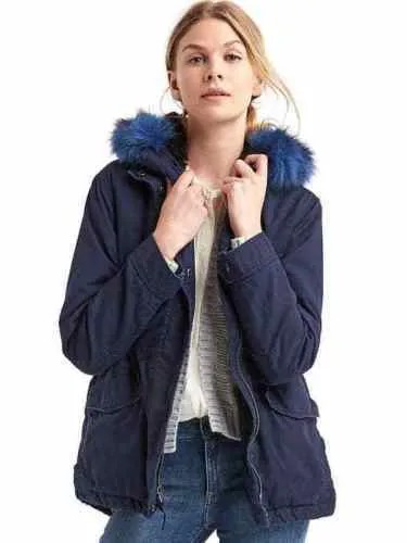 GAP DARK NIGHT ТЕМНО-СИНЯЯ 2 В 1 КОРОТКАЯ ПАРКА С КАПЮШОНОМ ИЗ ИСКУССТВЕННОГО МЕХА S