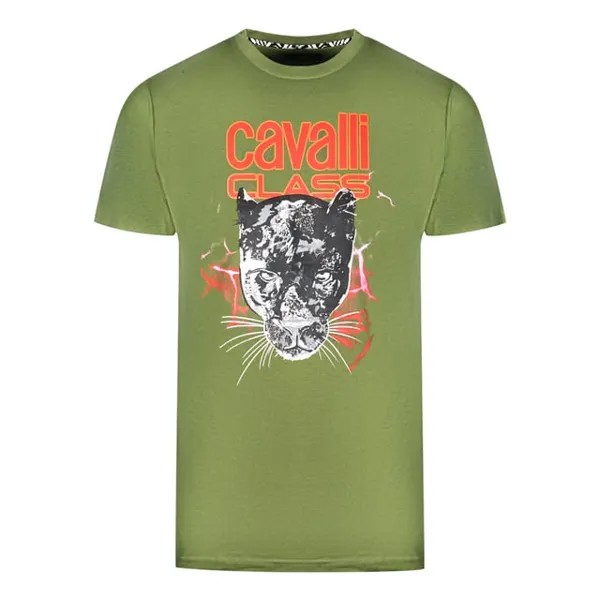 Футболка с изображением молнии и пантеры Cavalli Class, зеленый