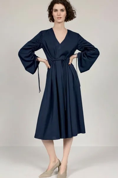 TIBI Темно-синее платье миди из эластичного крепа с V-образным вырезом и складными рукавами 6 (без пояса)