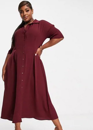 Платье-рубашка миди на пуговицах с поясом темно-бордового цвета ASOS DESIGN Curve-Красный