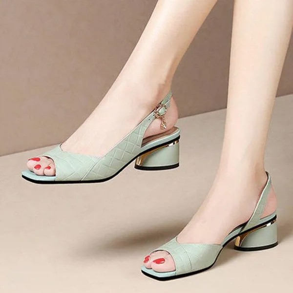Летние женские сандалии Открытый носок Насосы Спина Ремешок Средние каблуки Платье Обувь Peep Toe Женская обувь