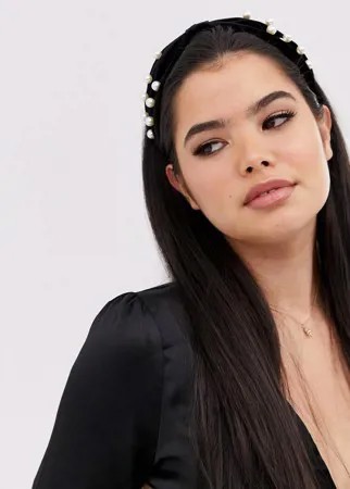 Черный бархатный ободок с искусственным жемчугом ASOS DESIGN