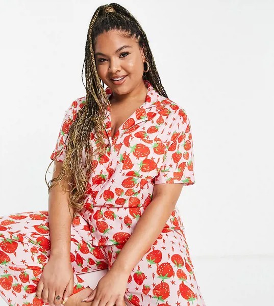 Розовая пижамная рубашка из модала с принтом молний и клубники ASOS DESIGN Curve «Выбирай и комбинируй»-Розовый цвет