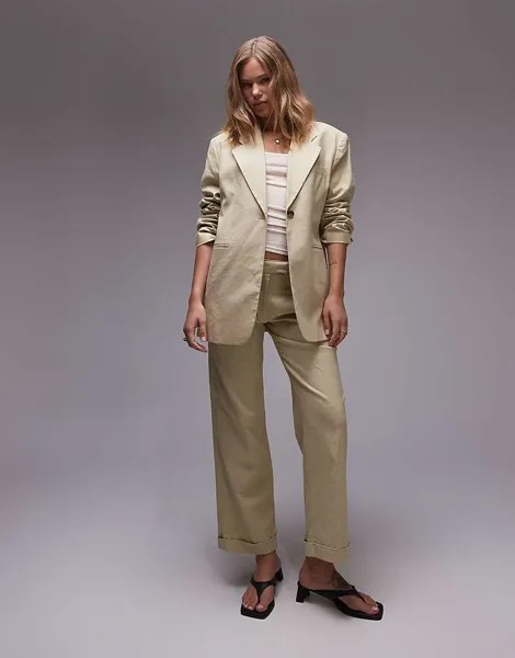 Topshop – льняные брюки песочного цвета с заниженной талией и широким низом