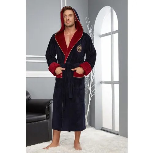 Мужской махровый халат с капюшоном Nusa Triga 1185 тёмно-синий L\XL