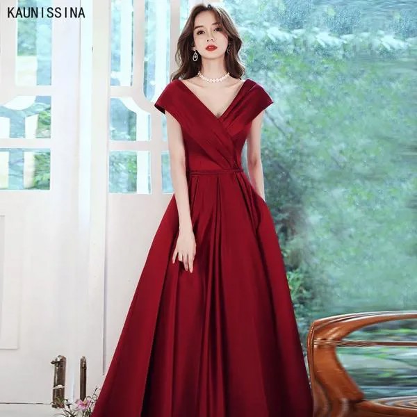 KAUNISSINA бордовый Платья для вечеринок Для женщин вечернее платье элегантное платье для женщин с v-образным вырезом, длинный сатиновый плащ торжественное платье Vestidos De Fiesta De Noche